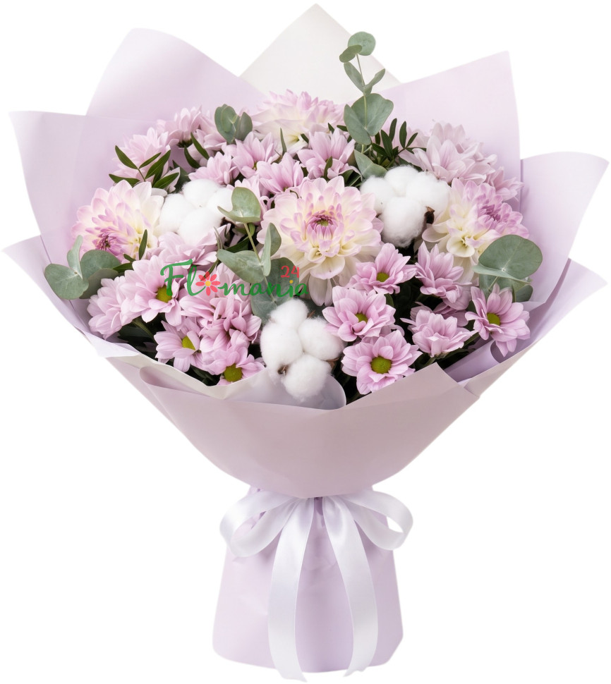Букет из георгин, хризантем и эвкалипта «Хлопковый поцелуй»