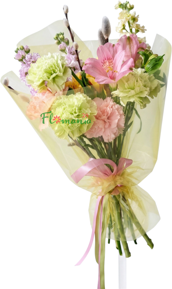 Букет с вербой, гвоздиками и альстромериями «Весенний рассвет»